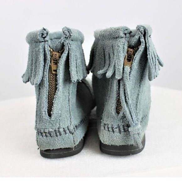 Leather Moccasin Bootie Fringe Ankle Zip Back Soft Rubber Sole Blue Gray Size 6 - Picture 5 of 10